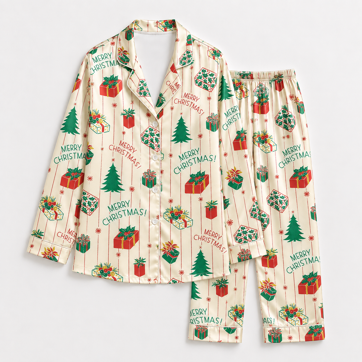 PJ-1974-Merry Christmas Satin Pajama Set, Gift Tree Vintage Stripe Festive Holiday Sleepwear