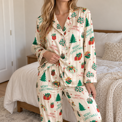 PJ-1974-Merry Christmas Satin Pajama Set, Gift Tree Vintage Stripe Festive Holiday Sleepwear