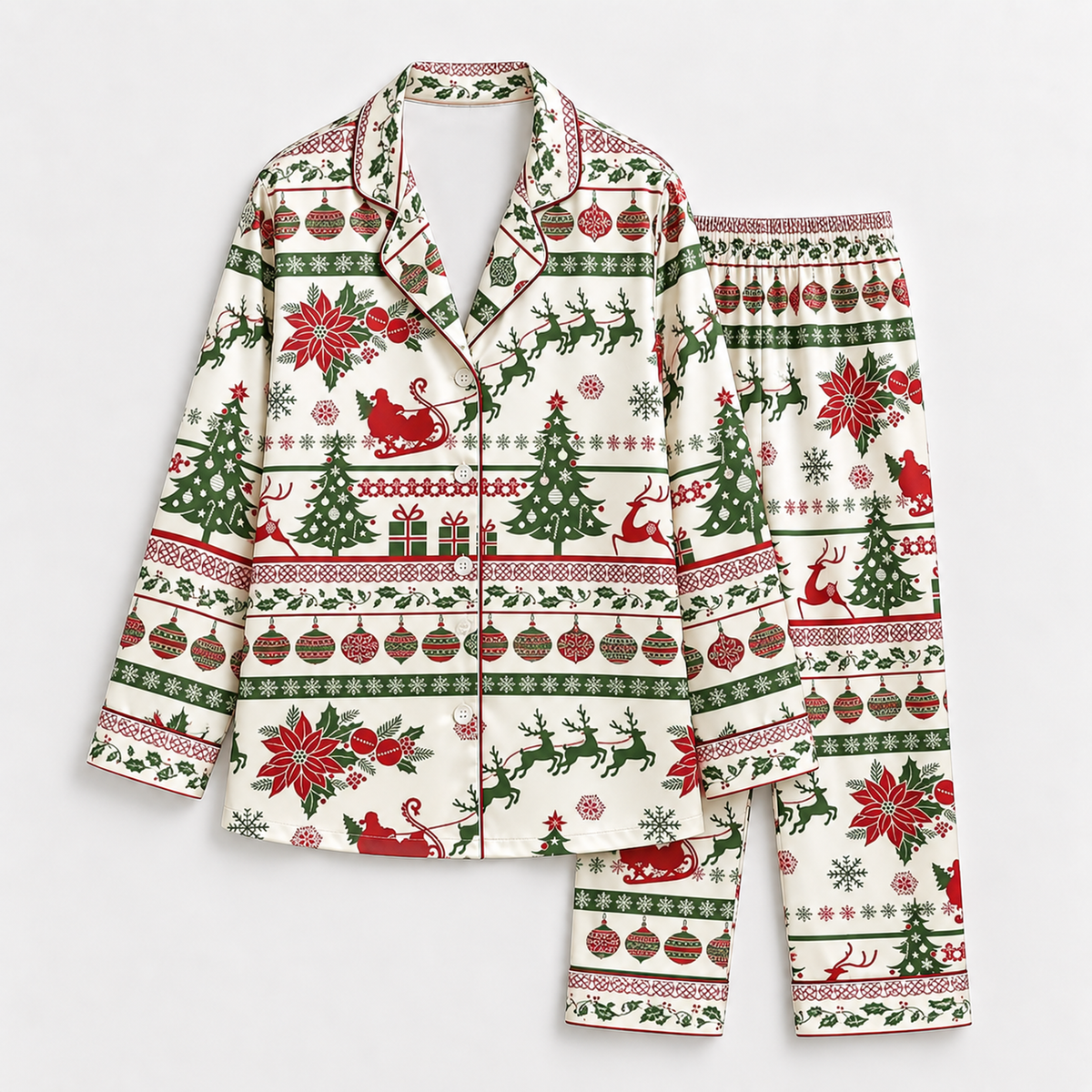 PJ-1975-Vintage Christmas Reindeer Satin Pajama Set, Santa Sleigh Poinsettia Festive Holiday Sleepwear