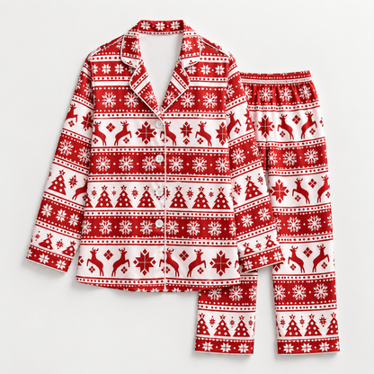 PJ-1977-Nordic Christmas Reindeer Satin Pajama Set, Snowflake Tree Red Festive Holiday Sleepwear