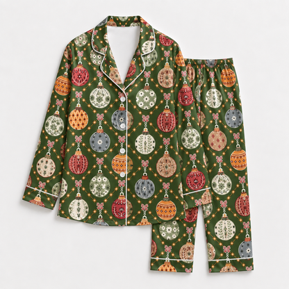PJ-1978-Vintage Christmas Ornament Satin Pajama Set, Green Bauble Festive Holiday Sleepwear