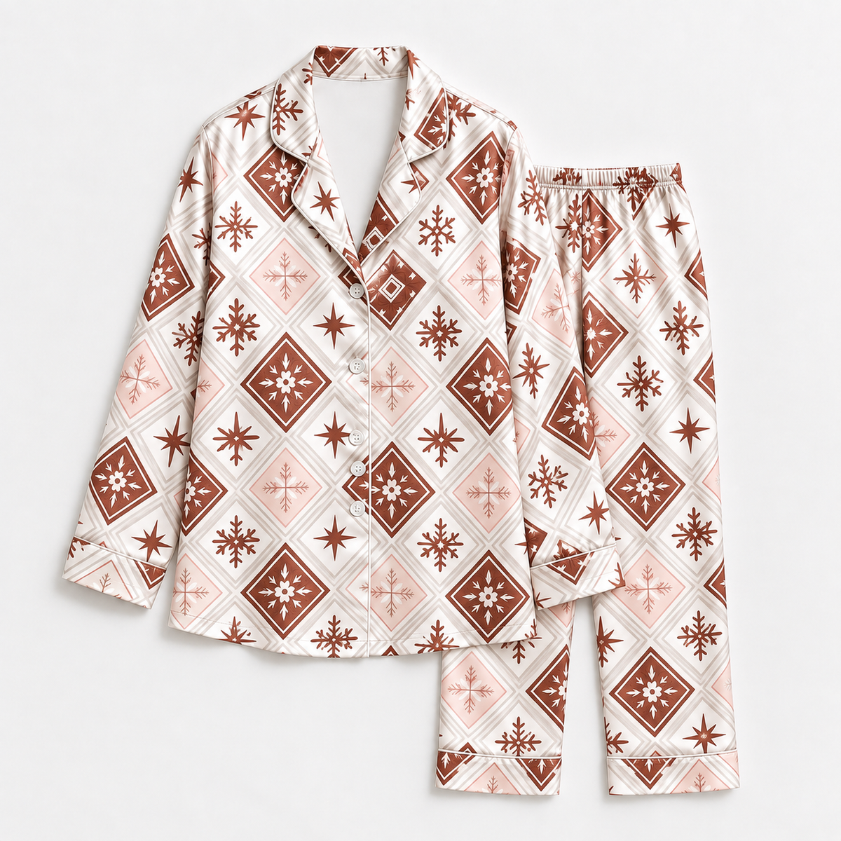 PJ-1979-Snowflake Winter Satin Pajama Set, Geometric Star Cozy Holiday Sleepwear