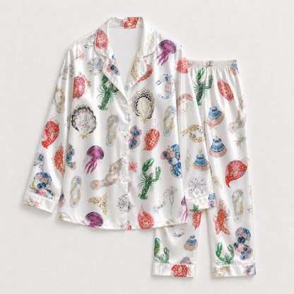 PJ-198-Coastal Summer Satin Sleepwear Set With Shell Crab Sandal Print And Comfortable Matching Bottoms FREE SHIPING