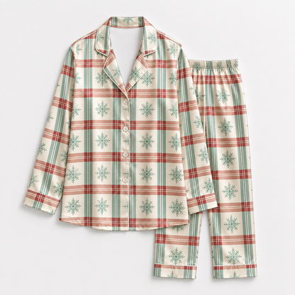 PJ-1980-Plaid Snowflake Winter Satin Pajama Set, Cozy Nordic Holiday Sleepwear