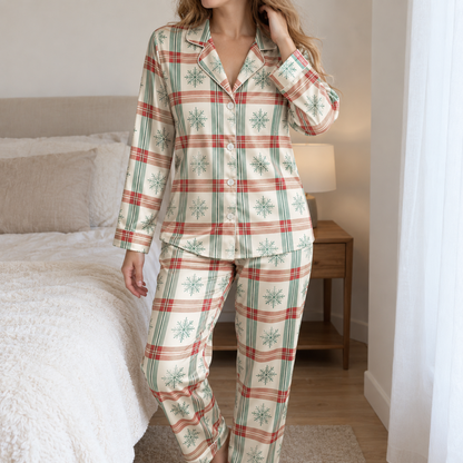 PJ-1980-Plaid Snowflake Winter Satin Pajama Set, Cozy Nordic Holiday Sleepwear