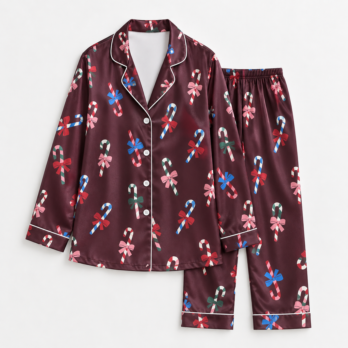 PJ-1981-Candy Cane Bow Christmas Satin Pajama Set, Festive Holiday Cozy Sleepwear