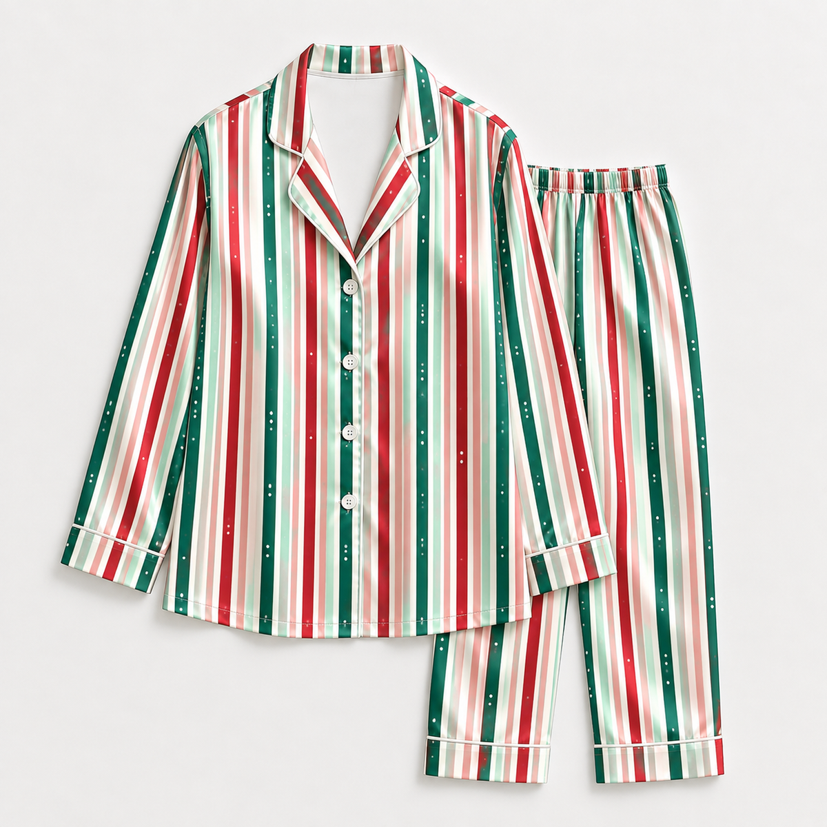 PJ-1984-Christmas Stripe Satin Pajama Set, Red Green Festive Holiday Cozy Sleepwear
