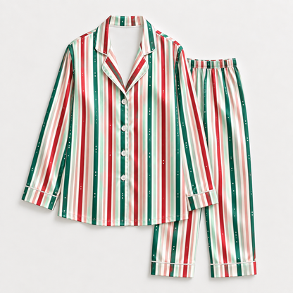 PJ-1984-Christmas Stripe Satin Pajama Set, Red Green Festive Holiday Cozy Sleepwear