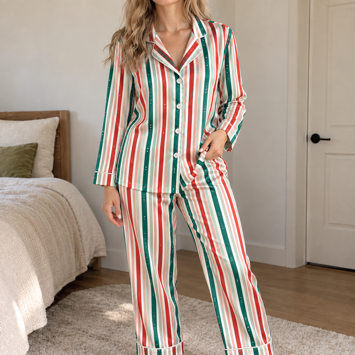 PJ-1984-Christmas Stripe Satin Pajama Set, Red Green Festive Holiday Cozy Sleepwear