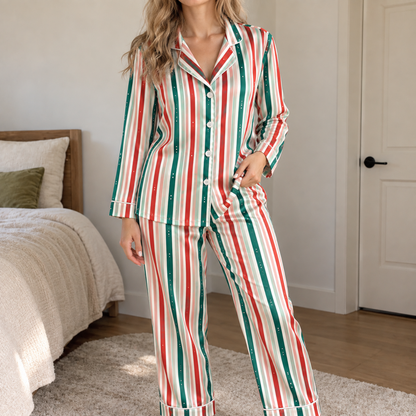 PJ-1984-Christmas Stripe Satin Pajama Set, Red Green Festive Holiday Cozy Sleepwear