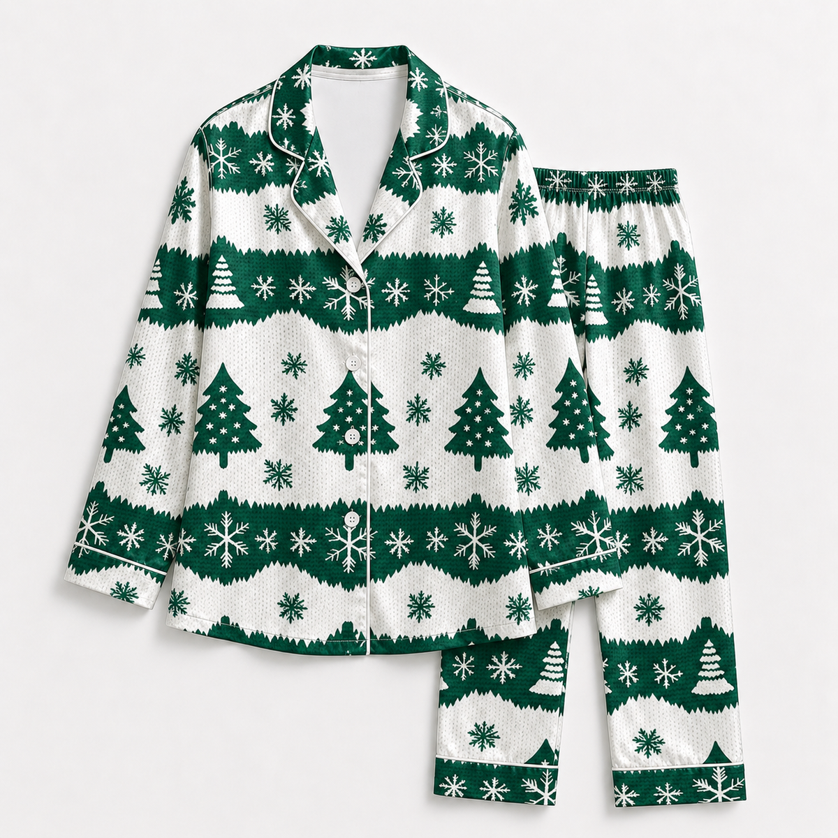 PJ-1985-Christmas Tree Snowflake Satin Pajama Set, Green Nordic Festive Holiday Cozy Sleepwear