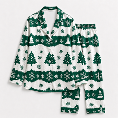 PJ-1985-Christmas Tree Snowflake Satin Pajama Set, Green Nordic Festive Holiday Cozy Sleepwear