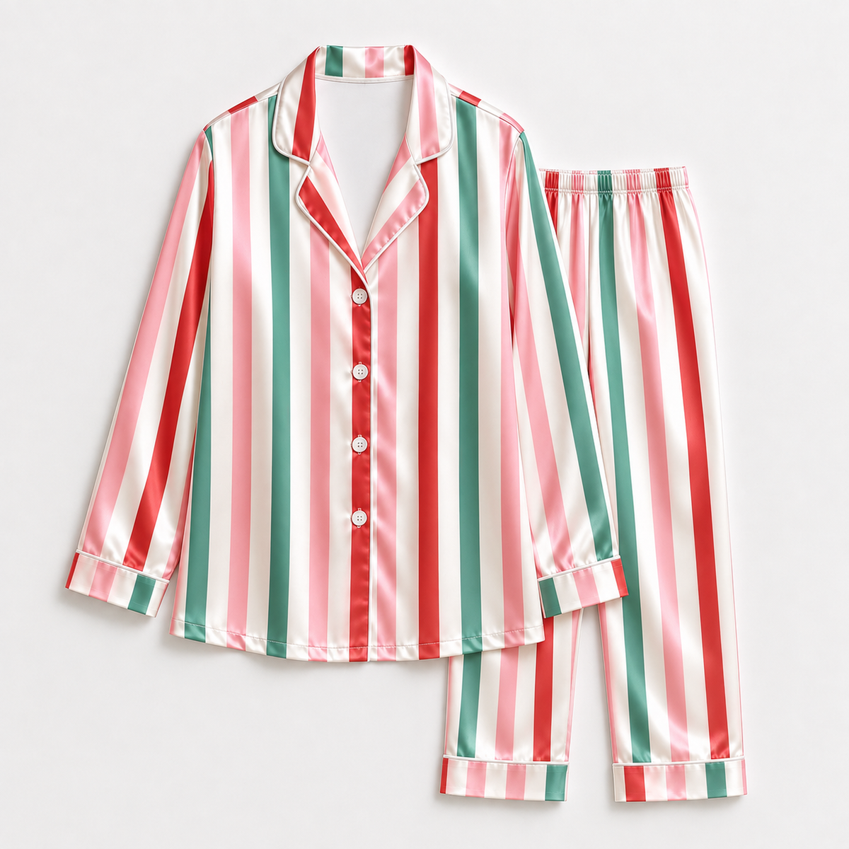 PJ-1986-Christmas Stripe Satin Pajama Set, Red Green Pink Festive Holiday Cozy Sleepwear