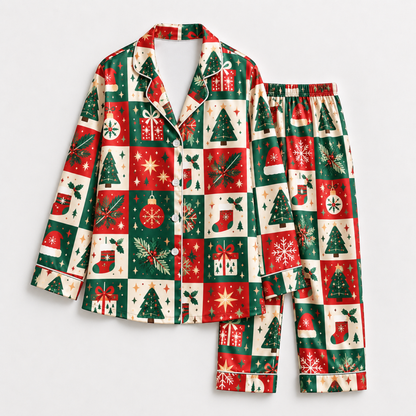 PJ-1988-Vintage Christmas Patchwork Satin Pajama Set, Tree Gift Snowflake Festive Holiday Sleepwear