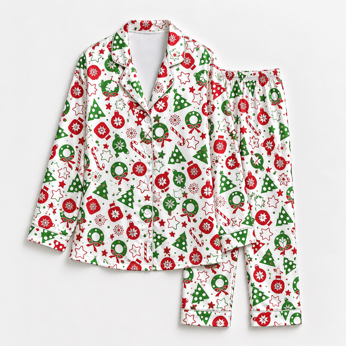 PJ-1989-Christmas Tree Ornament Satin Pajama Set, Candy Cane Snowflake Festive Holiday Sleepwear