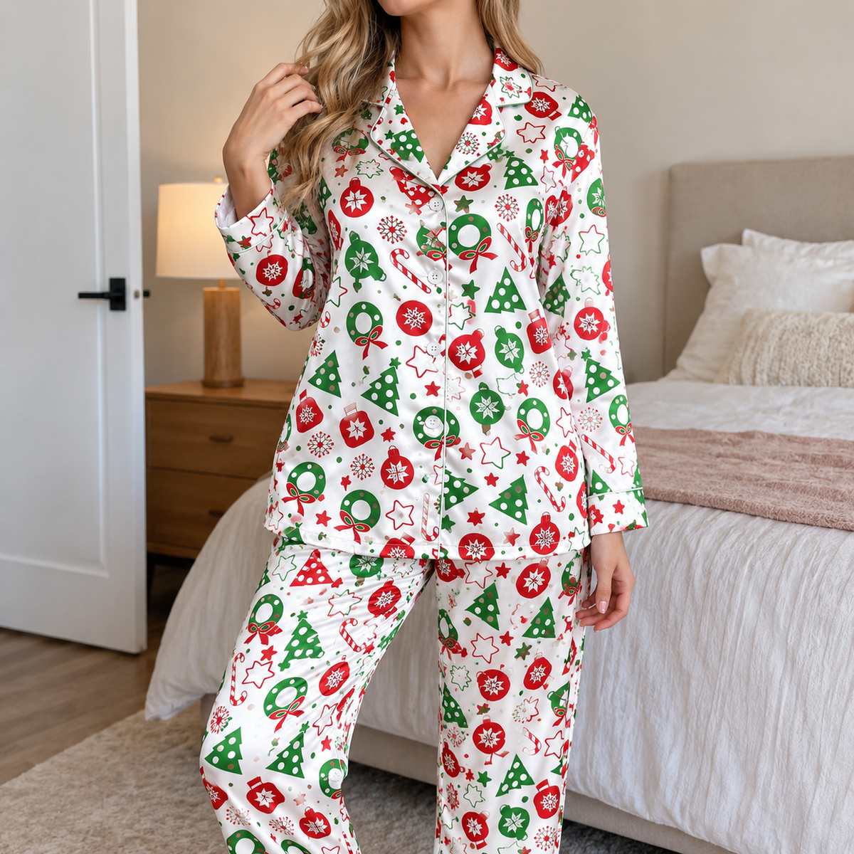 PJ-1989-Christmas Tree Ornament Satin Pajama Set, Candy Cane Snowflake Festive Holiday Sleepwear