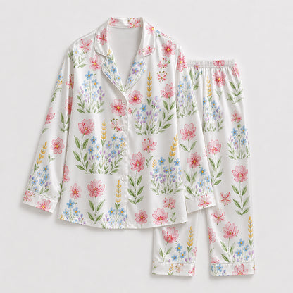 PJ-199-Delicate Garden Flower Satin Pajama Set With Botanical Print And Comfortable Matching Bottoms FREE SHIPPING