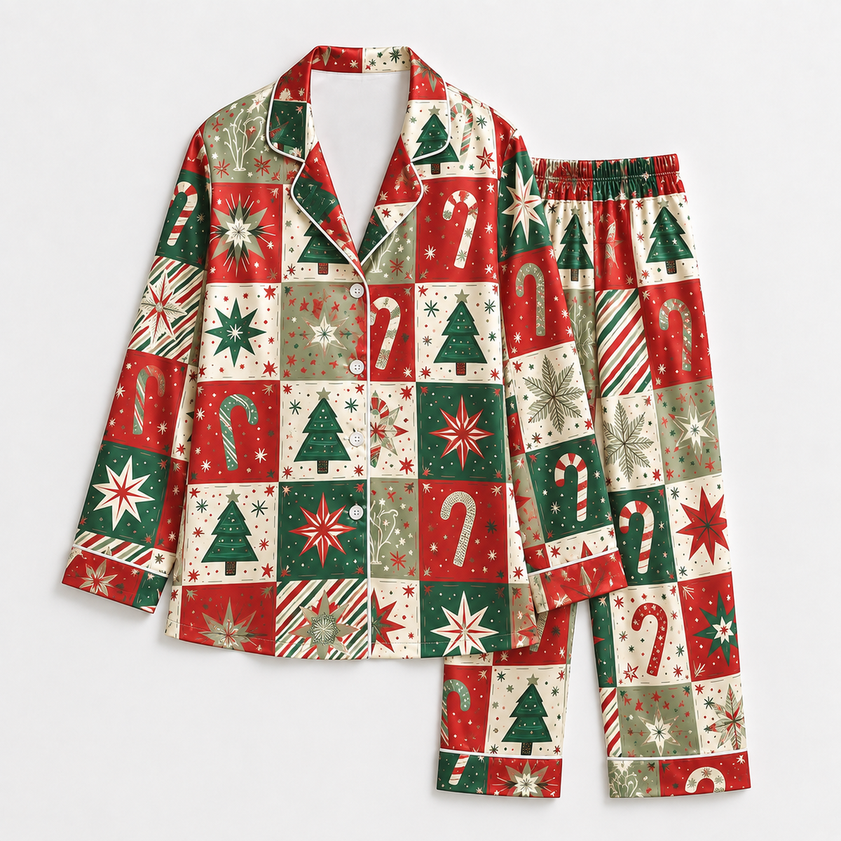 PJ-1990-Vintage Christmas Patchwork Satin Pajama Set, Candy Cane Tree Star Festive Holiday Sleepwear
