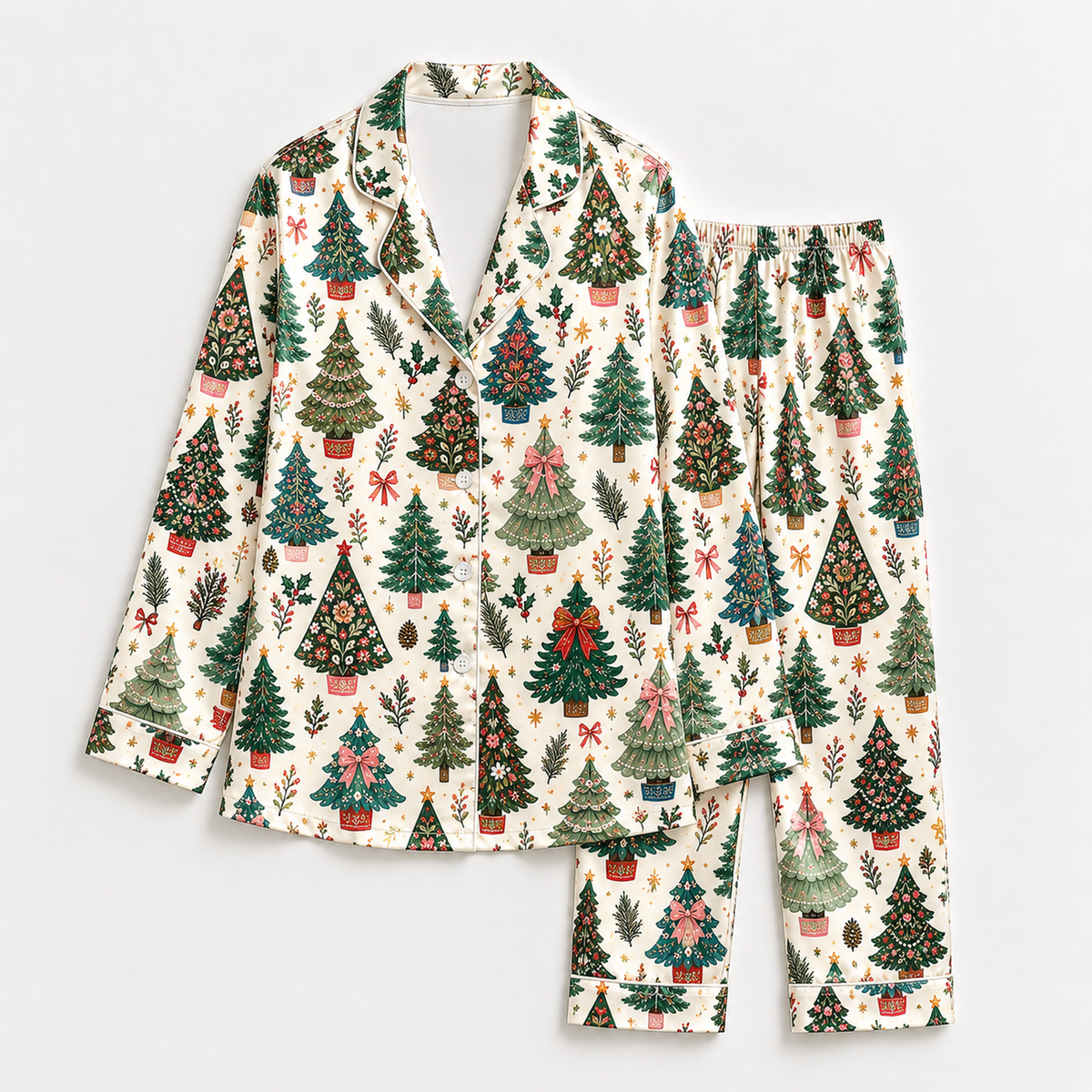 PJ-1994-Vintage Christmas Tree Satin Pajama Set, Botanical Bow Festive Holiday Sleepwear