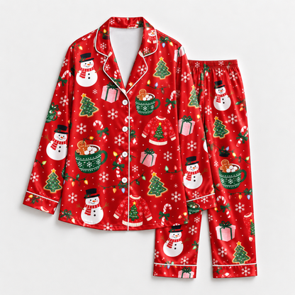 PJ-1995-Red Christmas Satin Pajama Set, Snowman Gingerbread Tree Gift Festive Holiday Sleepwear