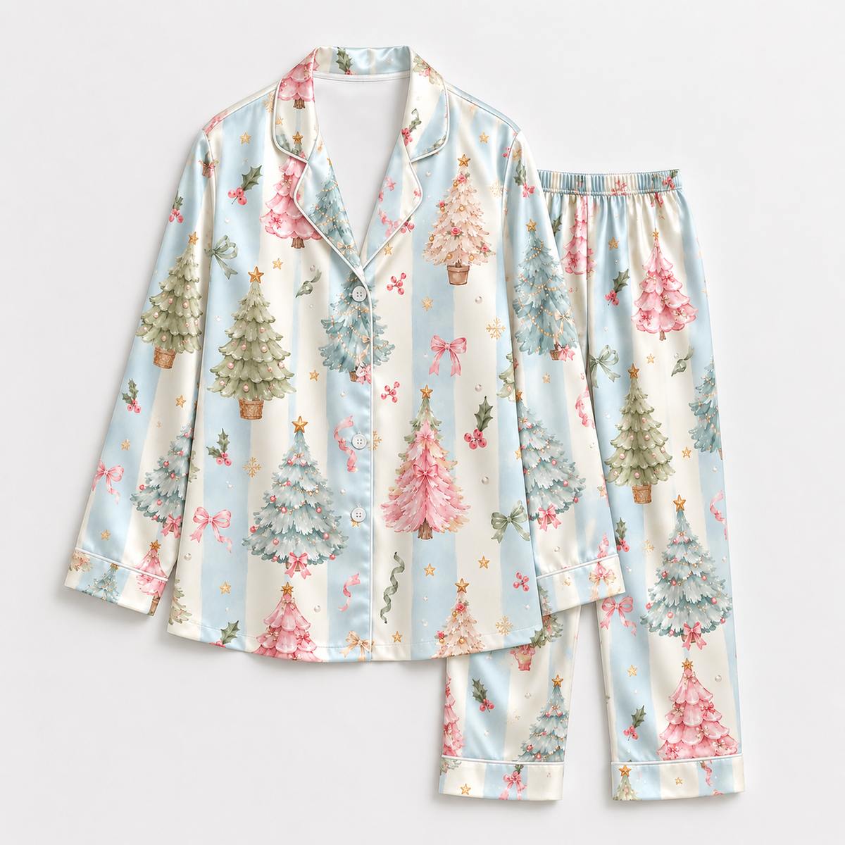 PJ-1996-Pastel Christmas Tree Satin Pajama Set, Pink Bow Star Festive Holiday Sleepwear