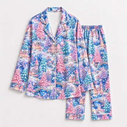 PJ-1997-Winter Wonderland Satin Pajama Set, Snowy Castle Pastel Tree Cozy Holiday Sleepwear