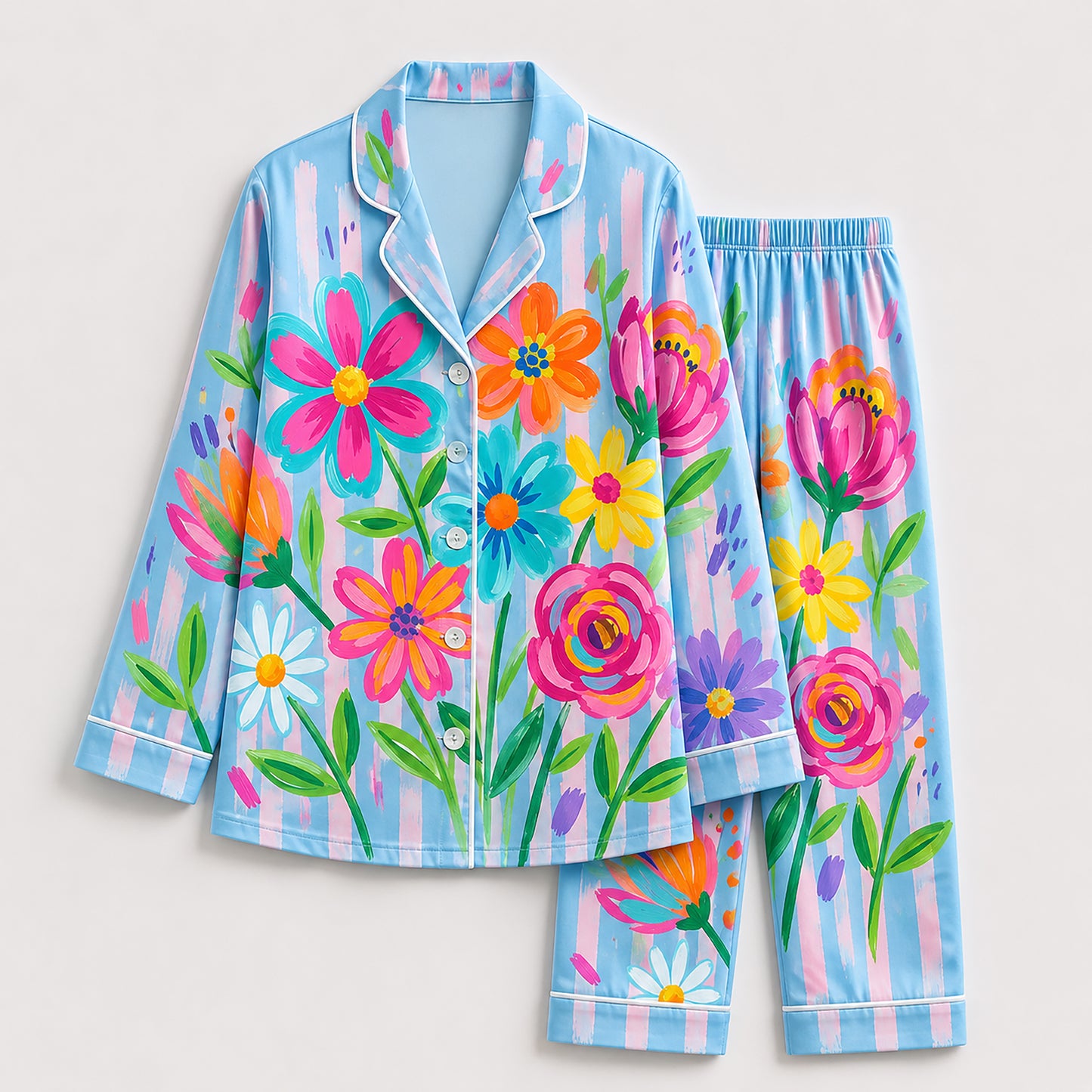 PJ-201-Rainbow Garden Satin Pajama Set With Button Up Top And Comfortable Matching Sleepwear Bottoms FREE SHIPING