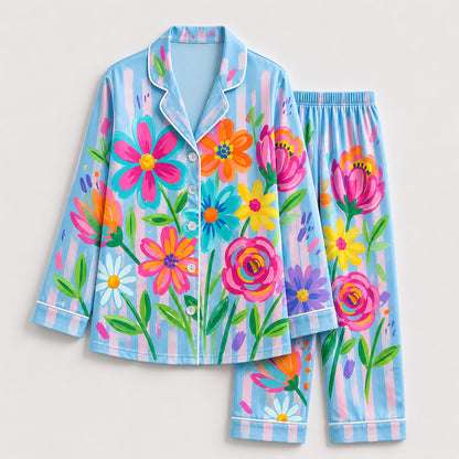 PJ-201-Rainbow Garden Satin Pajama Set With Button Up Top And Comfortable Matching Sleepwear Bottoms FREE SHIPING