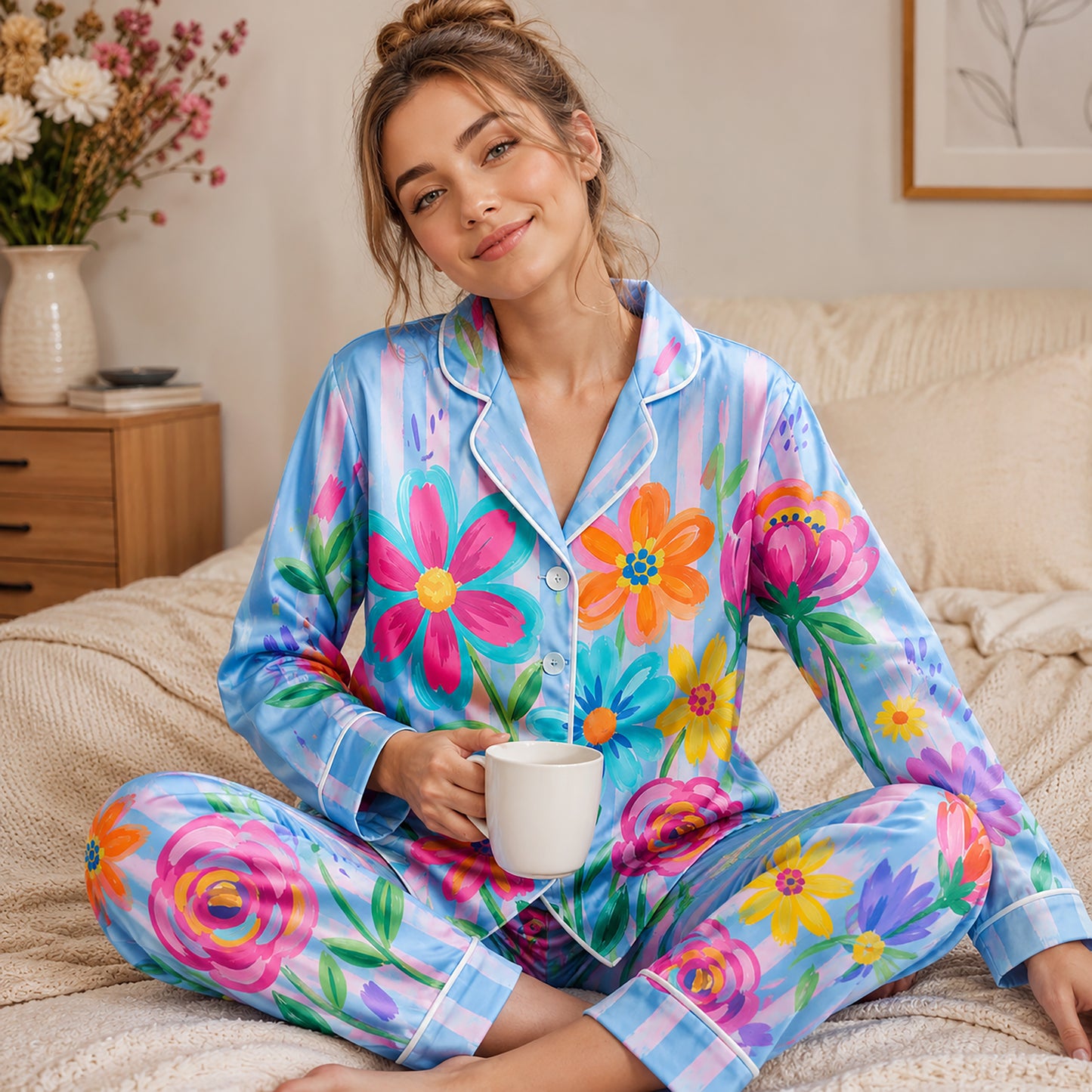 PJ-201-Rainbow Garden Satin Pajama Set With Button Up Top And Comfortable Matching Sleepwear Bottoms FREE SHIPING