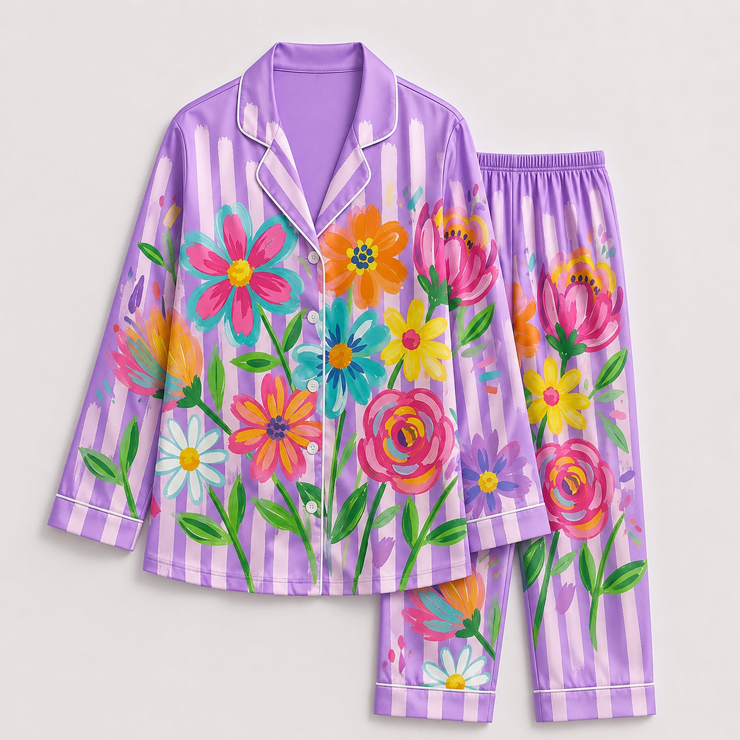 PJ-201-Rainbow Garden Satin Pajama Set With Button Up Top And Comfortable Matching Sleepwear Bottoms FREE SHIPING