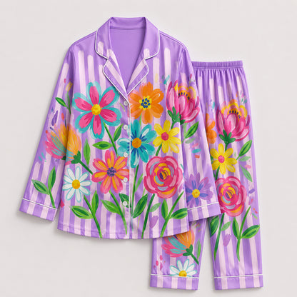 PJ-201-Rainbow Garden Satin Pajama Set With Button Up Top And Comfortable Matching Sleepwear Bottoms FREE SHIPING