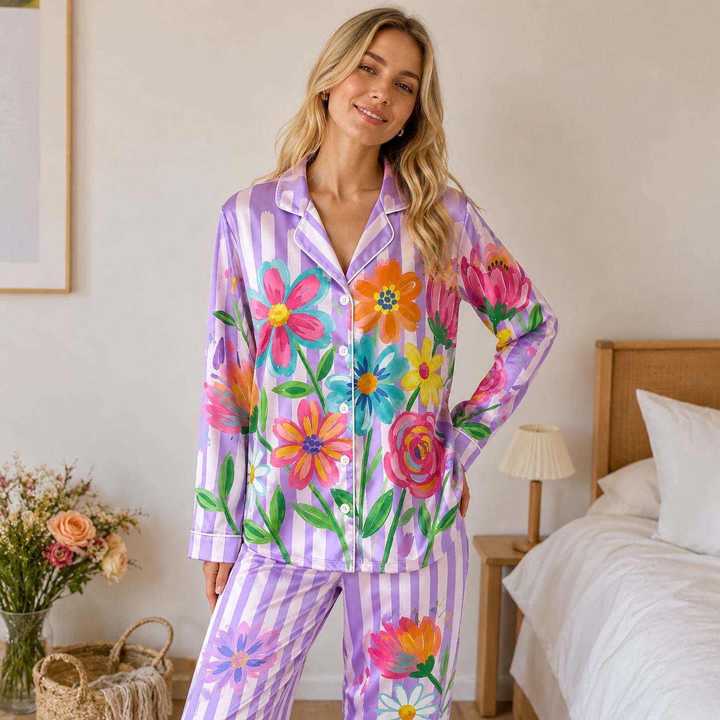 PJ-201-Rainbow Garden Satin Pajama Set With Button Up Top And Comfortable Matching Sleepwear Bottoms FREE SHIPING