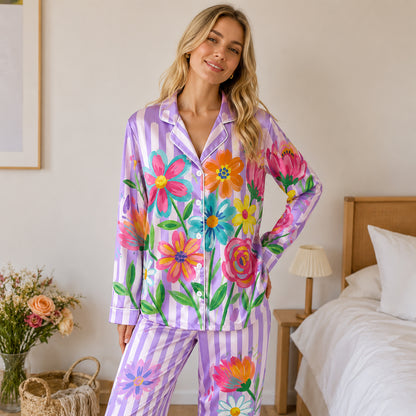PJ-201-Rainbow Garden Satin Pajama Set With Button Up Top And Comfortable Matching Sleepwear Bottoms FREE SHIPING