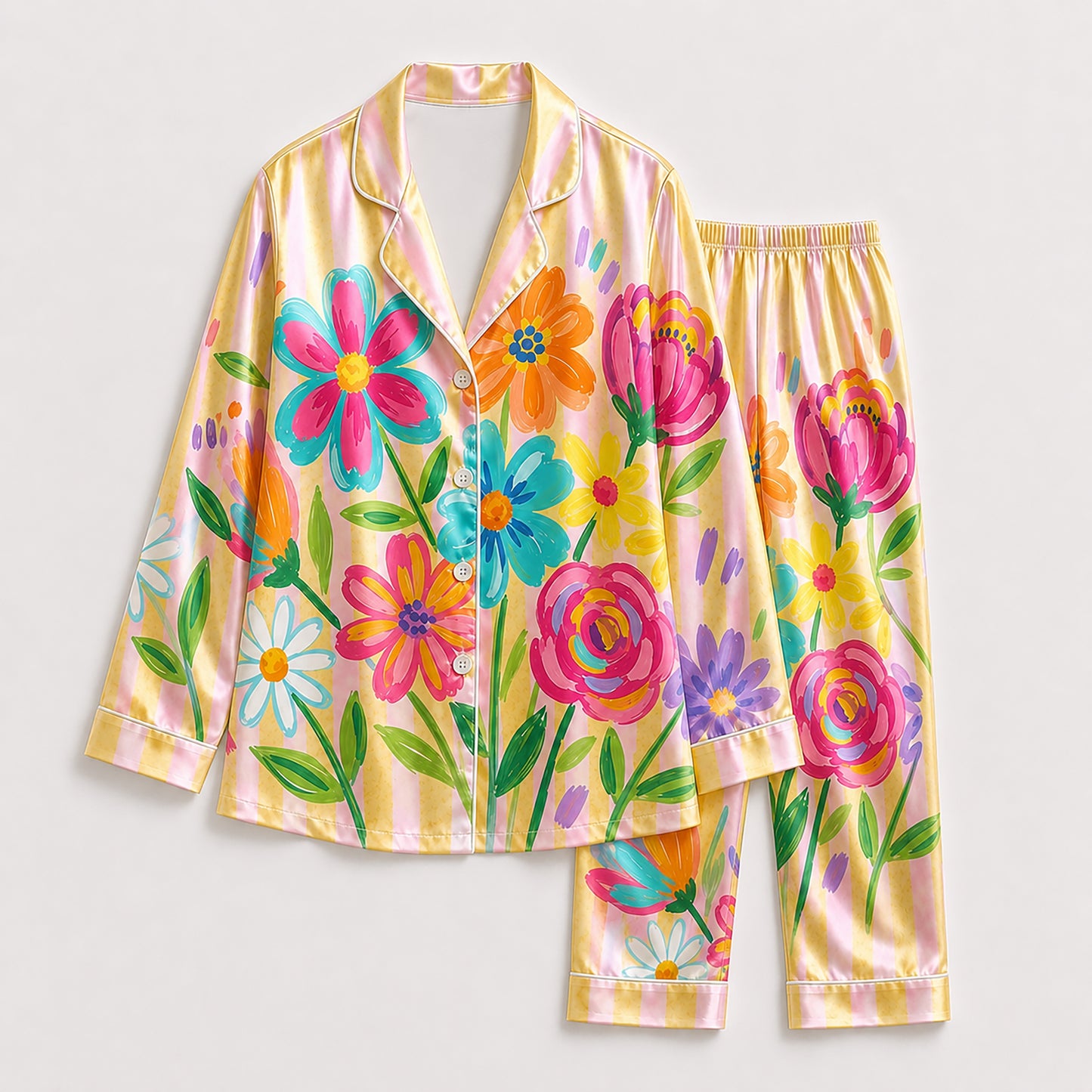PJ-201-Rainbow Garden Satin Pajama Set With Button Up Top And Comfortable Matching Sleepwear Bottoms FREE SHIPING