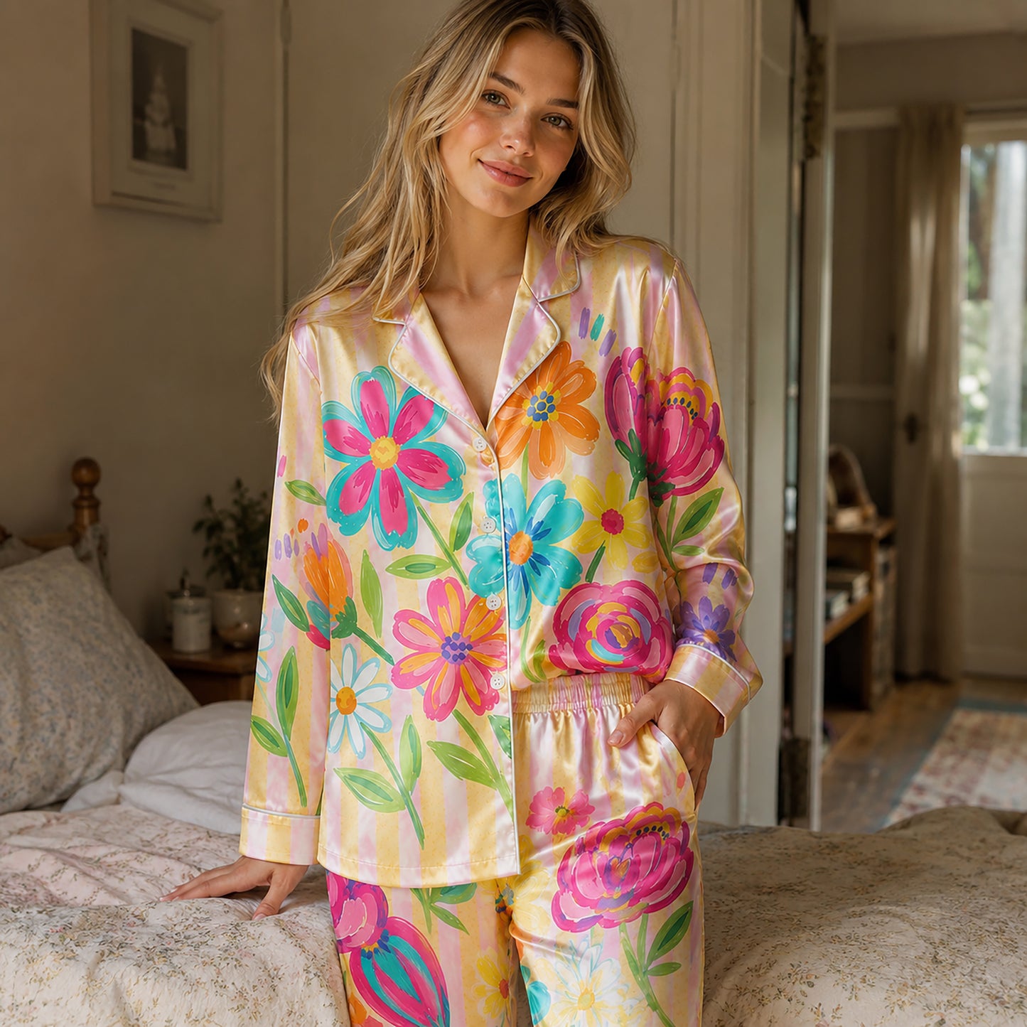 PJ-201-Rainbow Garden Satin Pajama Set With Button Up Top And Comfortable Matching Sleepwear Bottoms FREE SHIPING