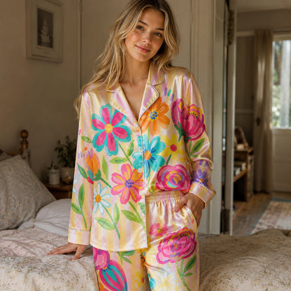 PJ-201-Rainbow Garden Satin Pajama Set With Button Up Top And Comfortable Matching Sleepwear Bottoms FREE SHIPING
