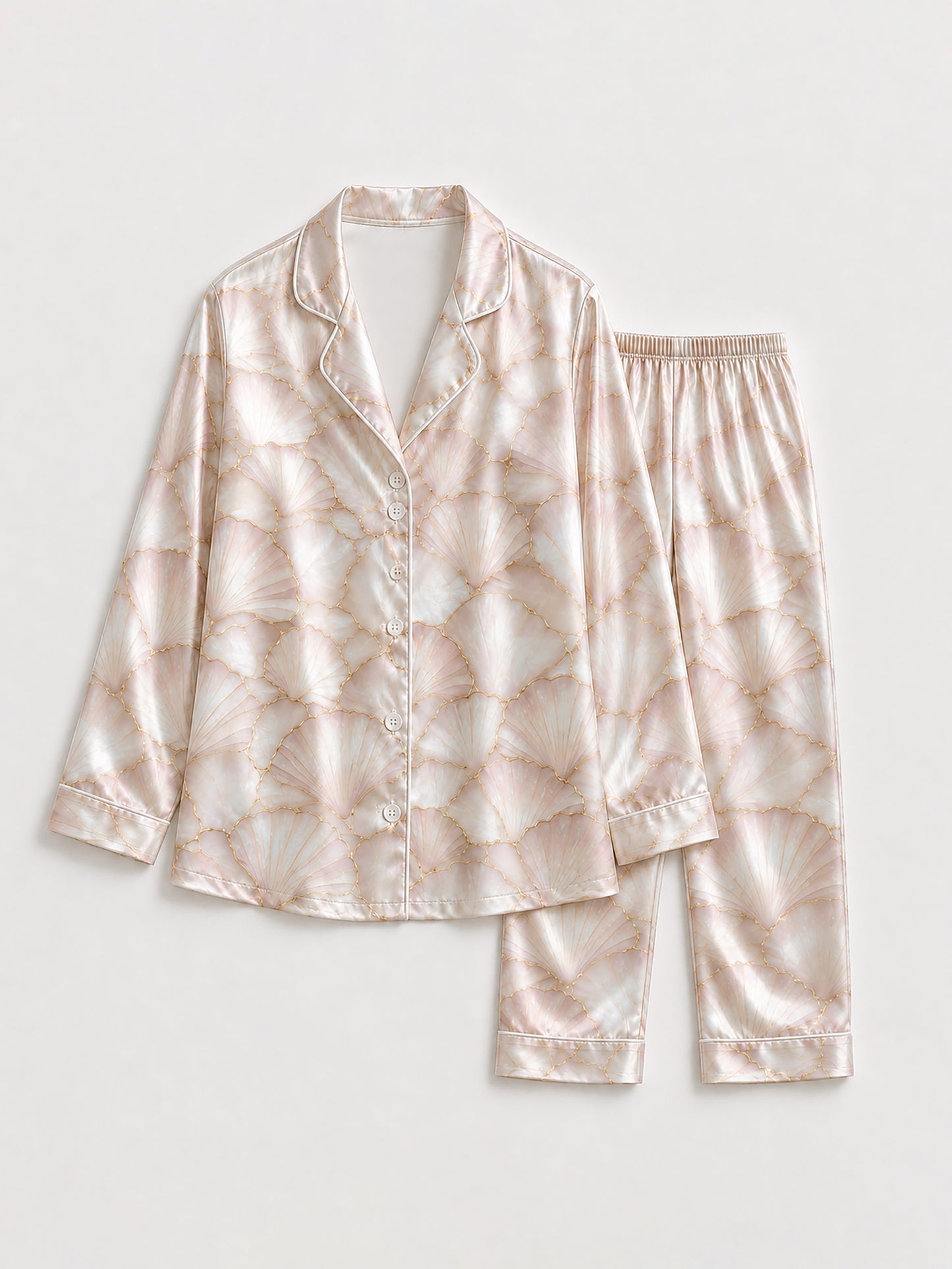 PJ-203-Elegant Shell Pattern Satin Pajama Set With Button Up Top And Comfortable Matching Bottoms FREE SHIPING