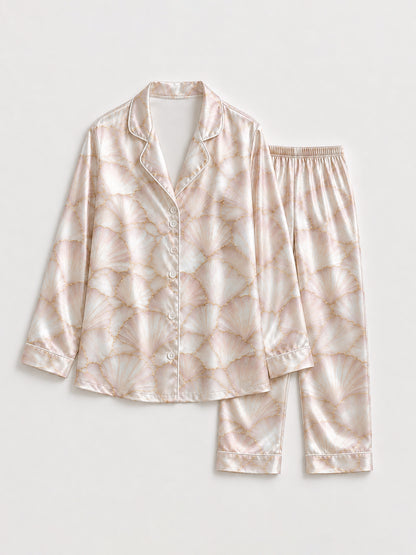 PJ-203-Elegant Shell Pattern Satin Pajama Set With Button Up Top And Comfortable Matching Bottoms FREE SHIPING