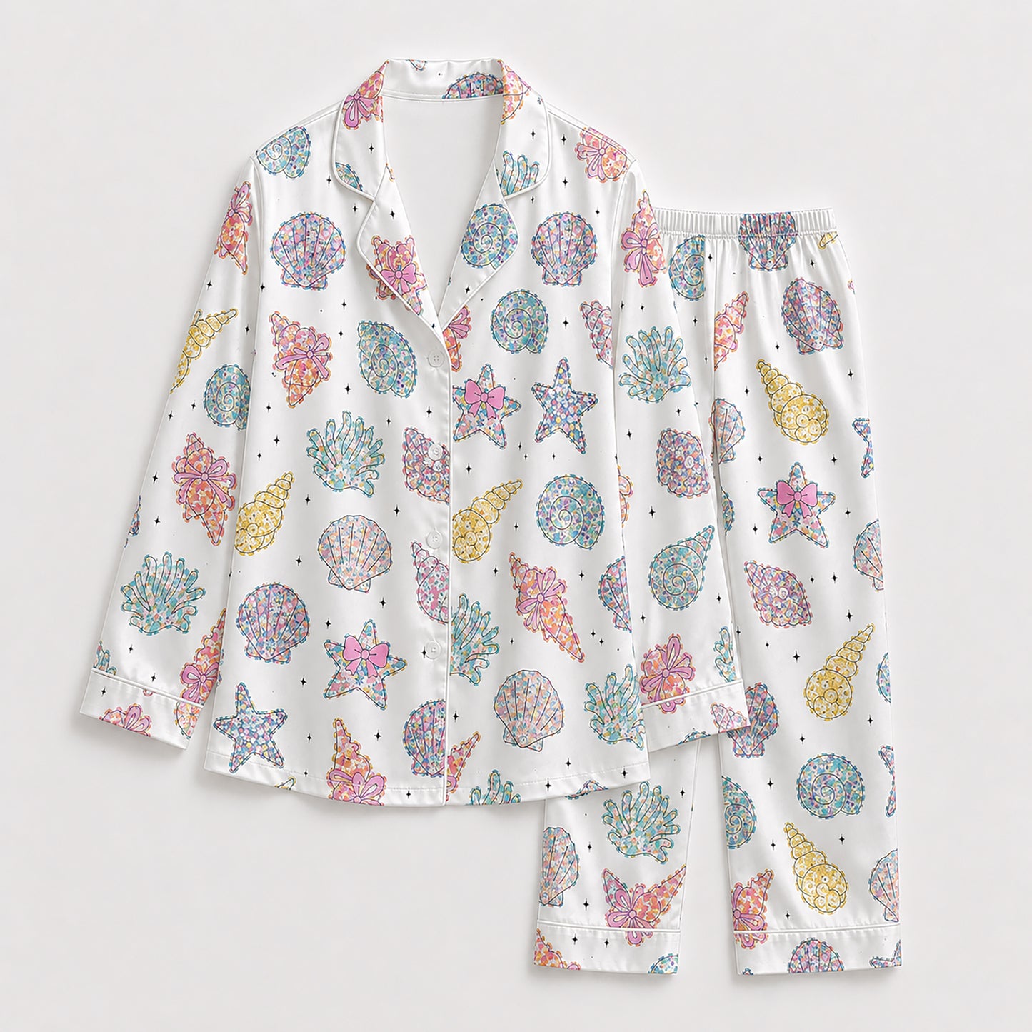 PJ-204-Satin Colorful Coastal Seashell Piping Button-Up Set FREE SHIPING