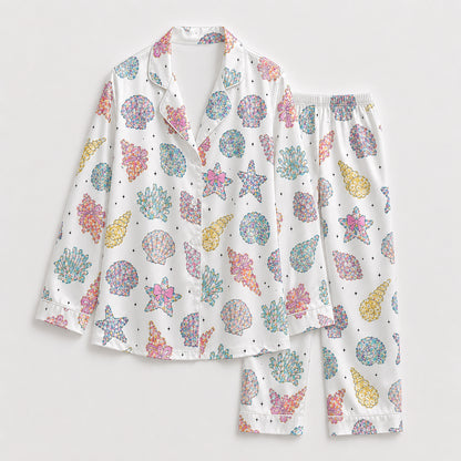 PJ-204-Satin Colorful Coastal Seashell Piping Button-Up Set FREE SHIPING
