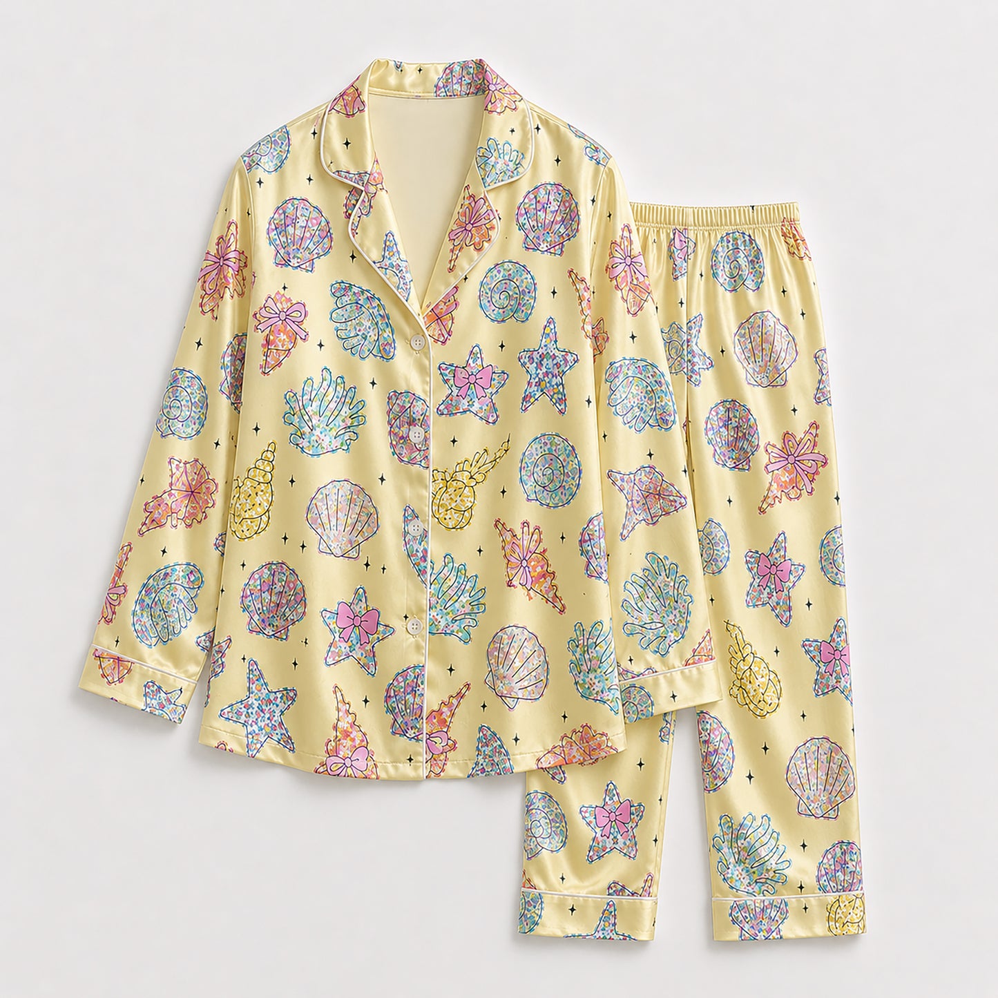 PJ-204-Satin Colorful Coastal Seashell Piping Button-Up Set FREE SHIPING