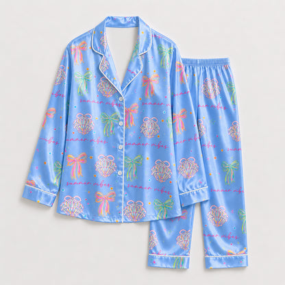 PJ-206-The Mermaidcore Coastal Bow Satin Sleep Set FREE SHIPING