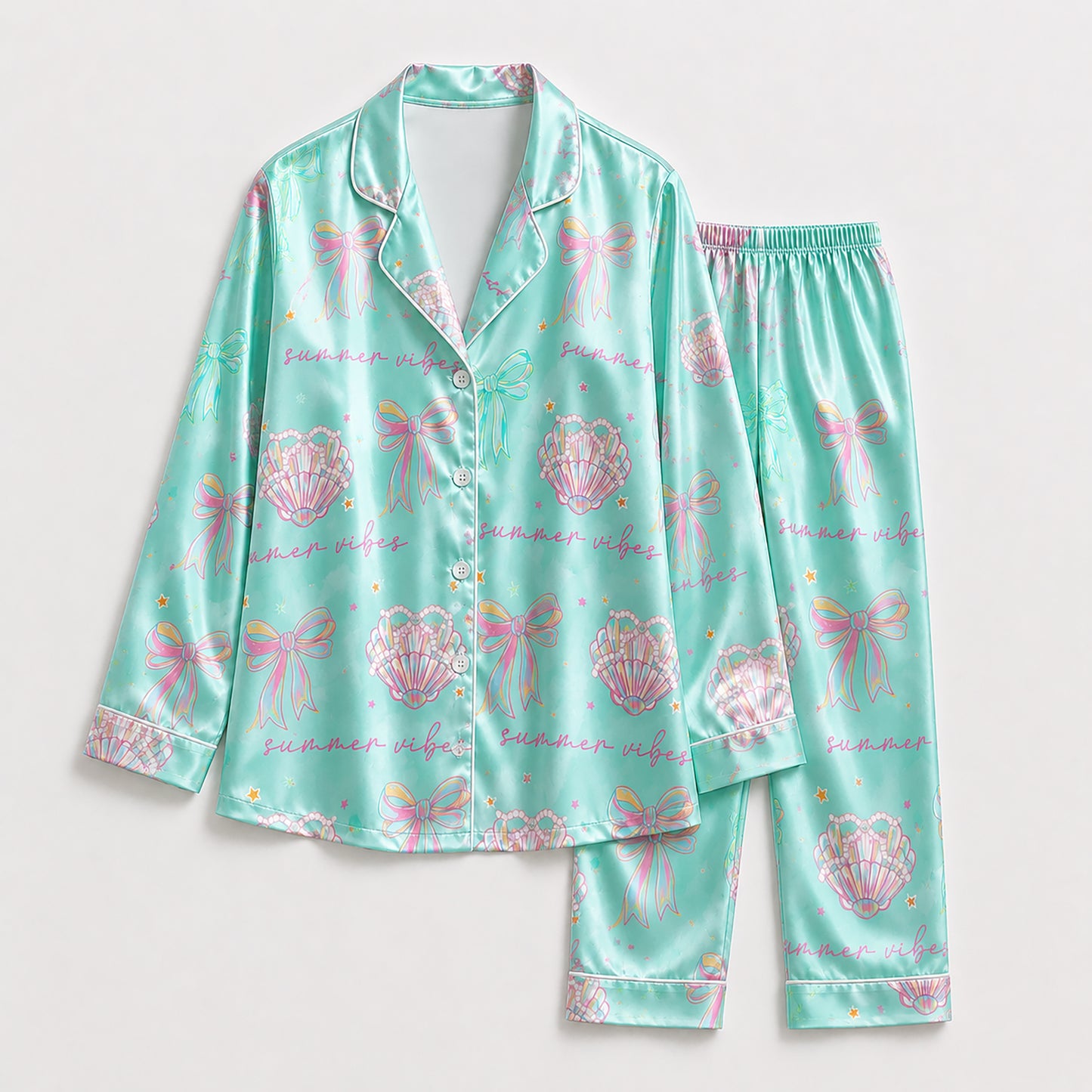 PJ-206-The Mermaidcore Coastal Bow Satin Sleep Set FREE SHIPING