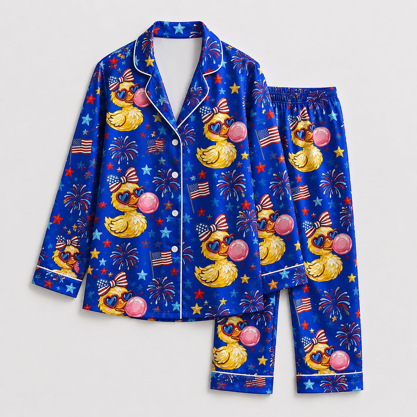 PJ-207-Unisex Satin Pajama Set with Patriotic Duck Fireworks Print Button Down Sleepwear Shirt and Bottoms FREE SHIPING