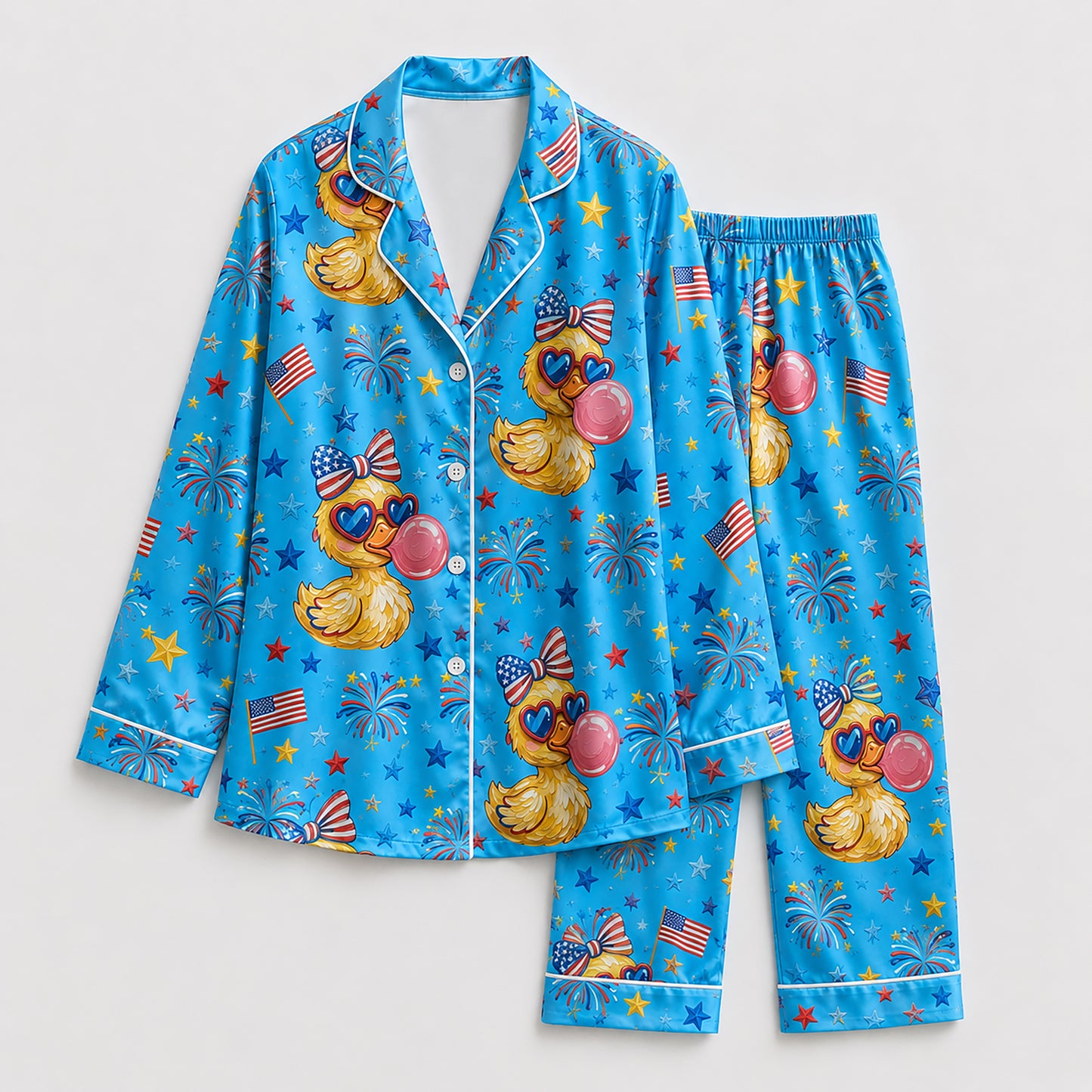 PJ-207-Unisex Satin Pajama Set with Patriotic Duck Fireworks Print Button Down Sleepwear Shirt and Bottoms FREE SHIPING