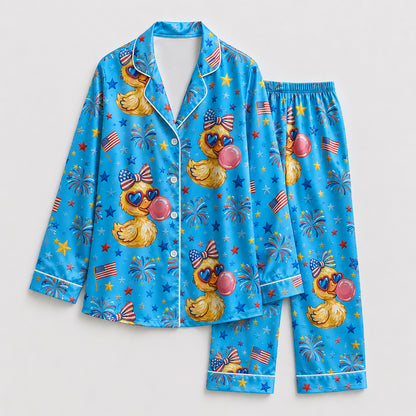 PJ-207-Unisex Satin Pajama Set with Patriotic Duck Fireworks Print Button Down Sleepwear Shirt and Bottoms FREE SHIPING