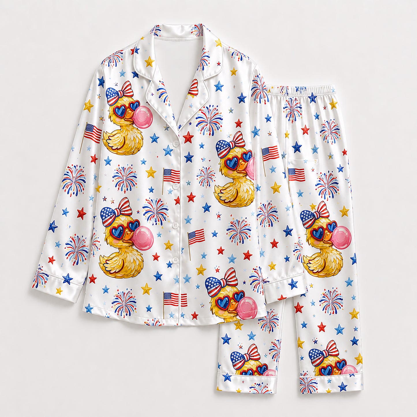 PJ-207-Unisex Satin Pajama Set with Patriotic Duck Fireworks Print Button Down Sleepwear Shirt and Bottoms FREE SHIPING