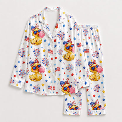 PJ-207-Unisex Satin Pajama Set with Patriotic Duck Fireworks Print Button Down Sleepwear Shirt and Bottoms FREE SHIPING