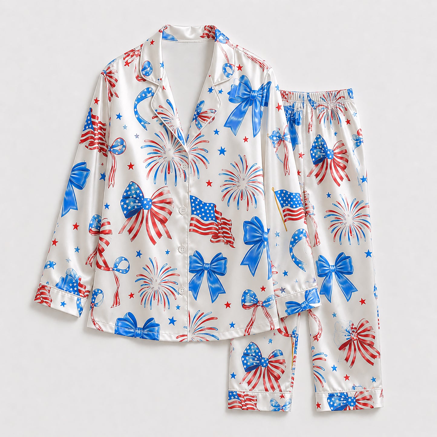 PJ-208-Fourth July Satin Pajama Set, Graphic Star Bow Patterned White Unisex Loungewear Nightwear Apparel FREE SHIPING