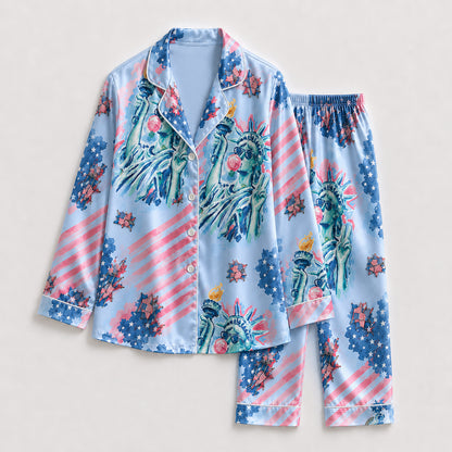 PJ-209-Unisex Satin Pajamas with American Flag Statue of Liberty Print Button Front Sleepwear Set FREE SHIPING